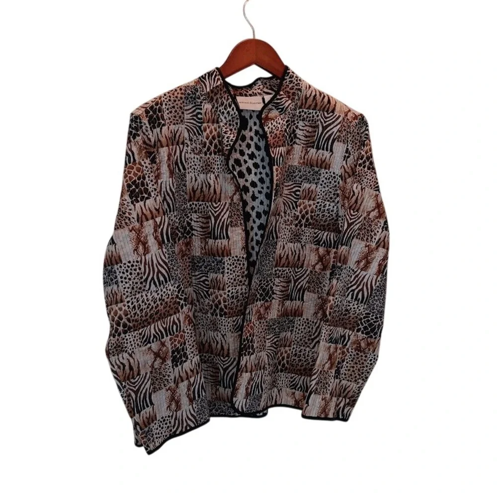 Alfred Dunner Stunner Quilted Patchwork Animal Print Collarless Jacket Size 12